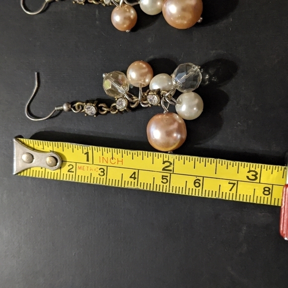 Silver Tone Chinestone White and Champagne Beaded Dangle Drop Statement Earrings - Picture 3 of 3